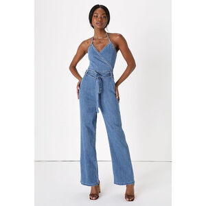 Lulus Flirty Throwback Medium Wash Denim Surplice Halter Jumpsuit Blue - Size S